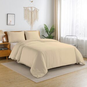 Stylish minimalist bedroom featuring beige bedding, modern furniture, and soft natural light.